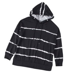 BLACK WHITE TIE DYE STRIPED SOFT DRAWSTRING HOODIE SIZE 2X (18-20)